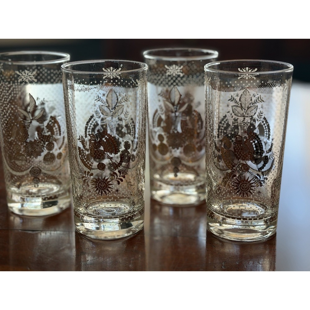 Vintage Georges Briard Sonata Highball Glasses Set of 4 Gold White Birds MCM